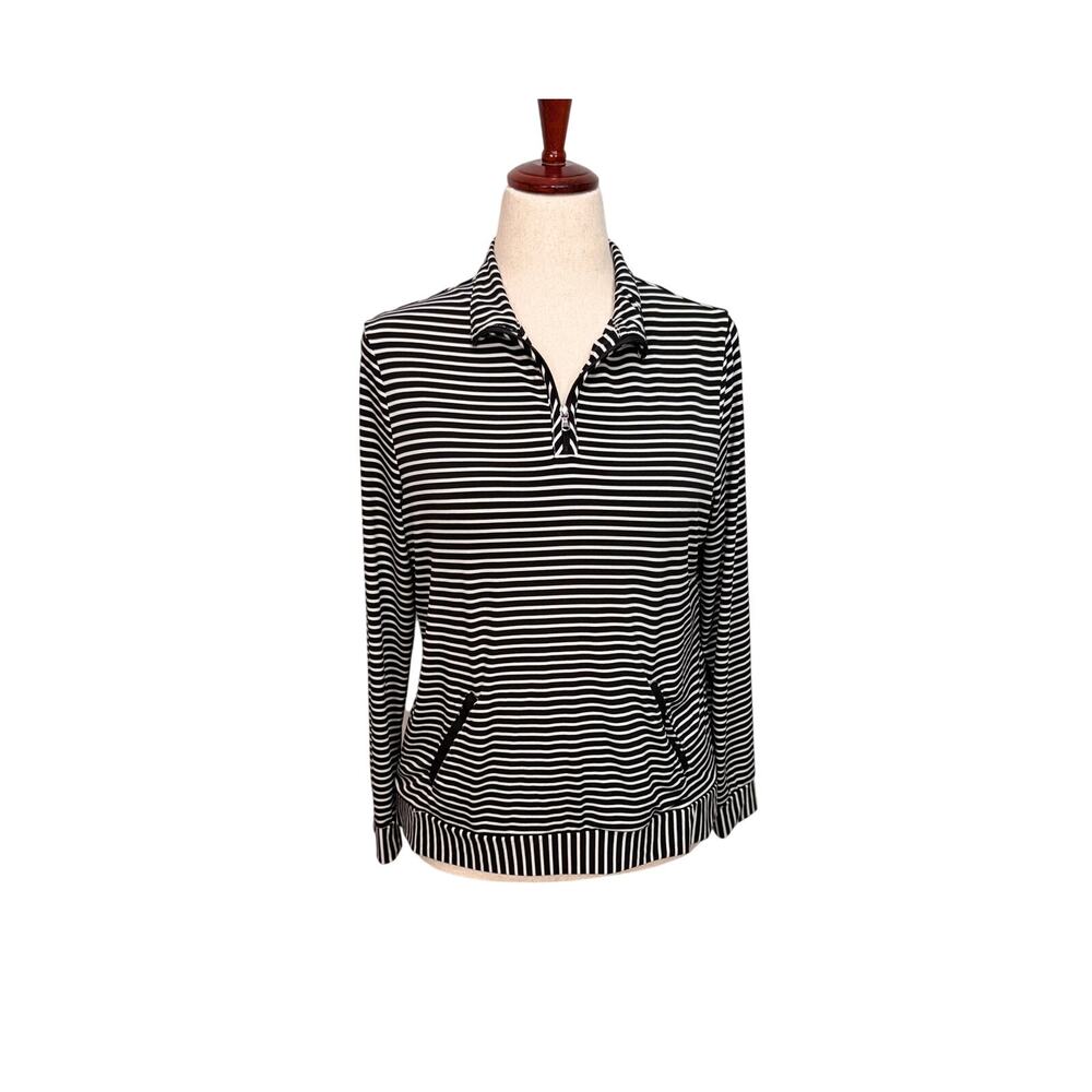 Chico's Weekends 1/4 zip top long sleeve black & white striped pockets Sz 1 US M